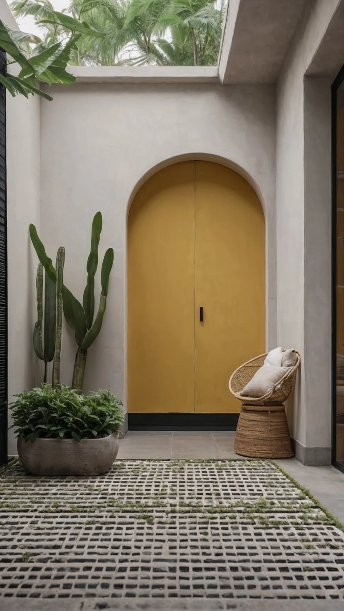 Yellow arched door opening into a lush daylit courtyard